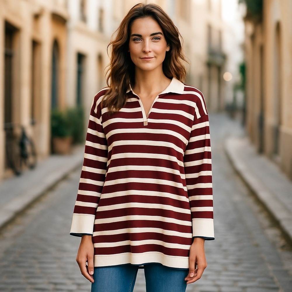 Dokotoo 2XL Striped Knit Tunic Top‎ Burgundy Cream Quarter Zip Long Sleeve